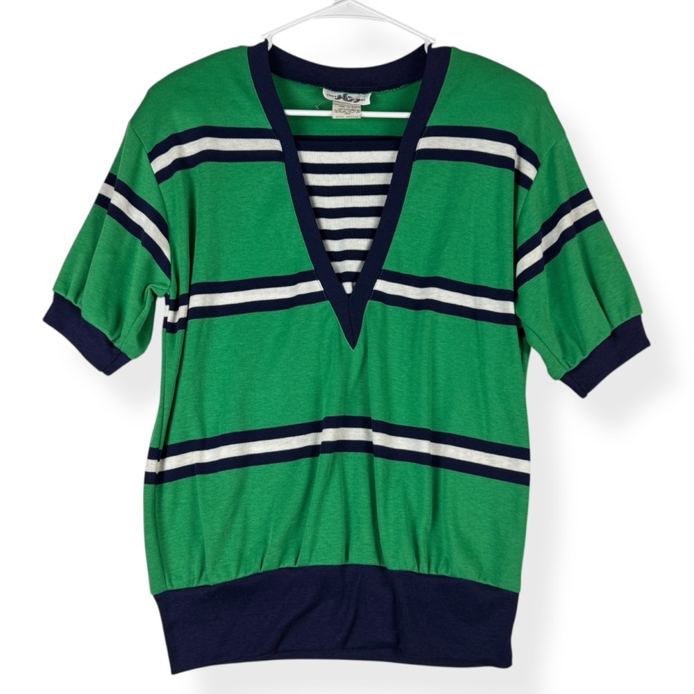 Vintage Justin B Jones Top Womens M Medium Green Navy Striped‎ Short Sleeves NWT